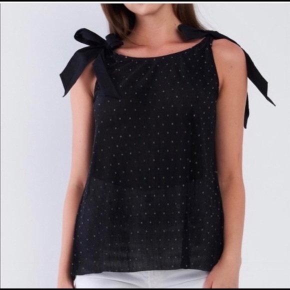 Tops - Black ribbed polka dot sleeveless ribbon tie shoulder top Sz XS
